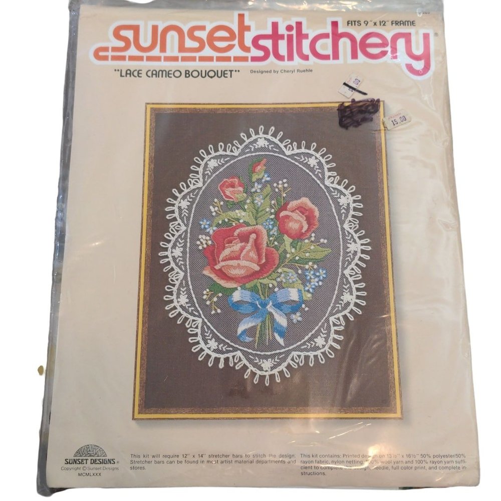 VTG 1980 Sunset Stitchery Embroidery Kit #2267 Lace Cameo Bouquet Cheryl Ruehle